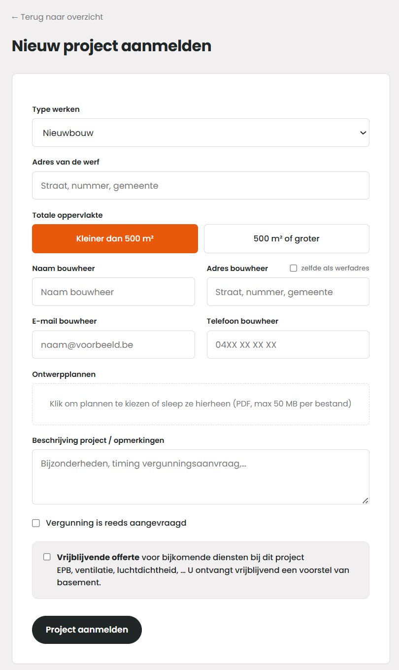 Formulier Nieuw project aanmelden in het Architect+ partnerplatform