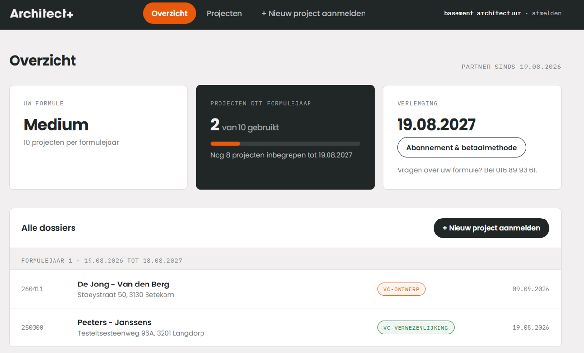 Overzichtspagina van het Architect+ partnerplatform met formule, projectenteller en dossierlijst